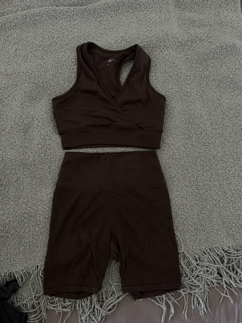 Dark Brown Wrap-Front Sports Bra & High-Waist Bike Shorts Set